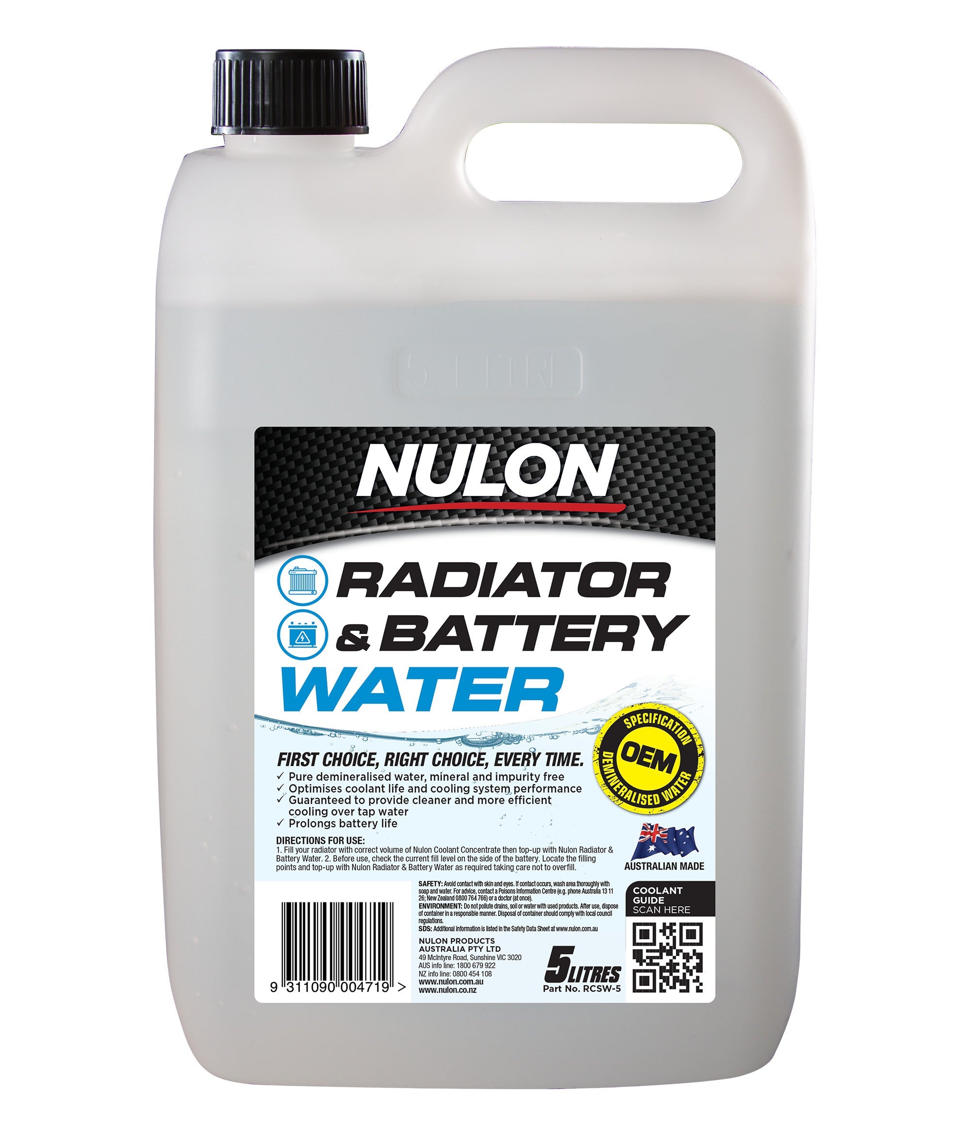 Nulon RCSW-5 Demineralised Water for Radiators and Batteries 5L (Pickup Only)