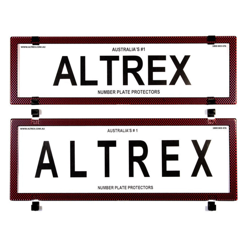 Altrex QLD, ACT, VIC, TAS, SA, WA & NT Slimline Combination Red Carbon Fibre Number Plate Protector Covers - without Lines - 6SERQ