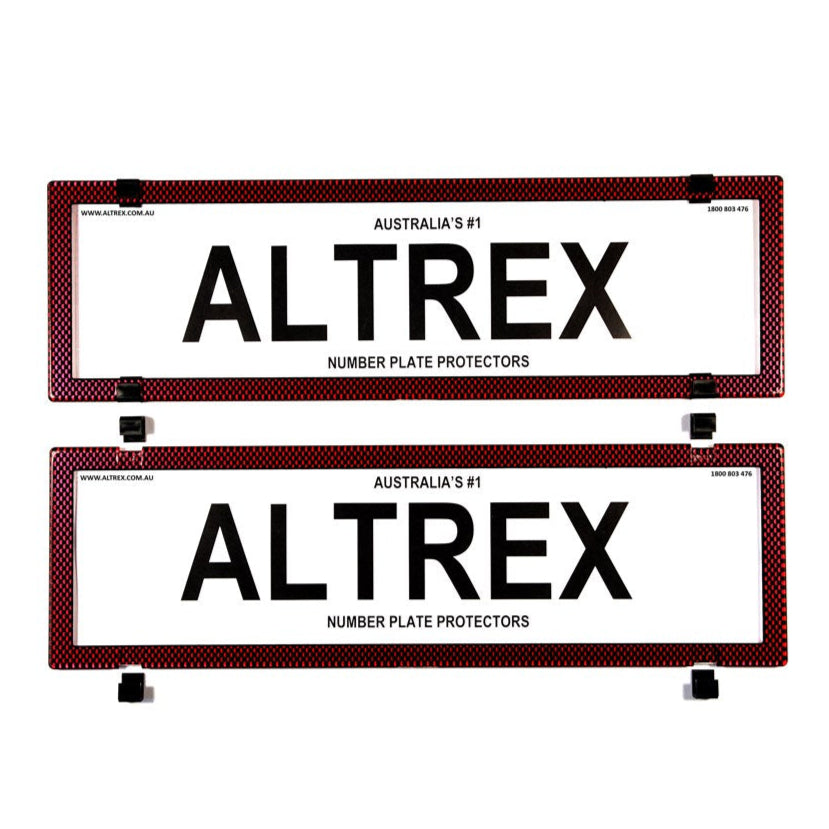 Altrex QLD, VIC, TAS, SA, WA & NT Dual Slimline Red Carbon Fibre Number Plate Protectors - without Lines - 6SERV