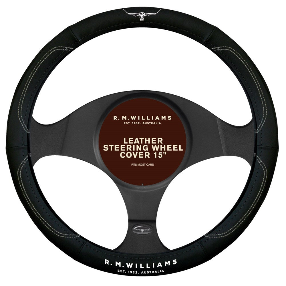 RM Williams Leather Steering Wheel Cover Black / White - SWRMWBLK - SWRMW-BLK