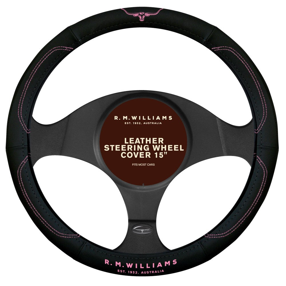 RM Williams Leather Steering Wheel Cover Black / Pink - SWRMWPNK - SWRMW-PNK