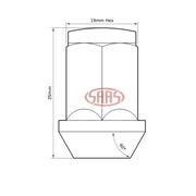 SAAS Set of 5 Wheel Nuts - 35mm Length, Black, M12x1.50 Thread, Acorn Bulge Type - 335365BC