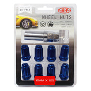 SAAS Set of 10 Small Diameter Wheel Nuts - Blue, M12x1.25 Threads with 6 Spline Drive and Key - 6330510BL