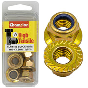 Champion Pack of 5 M10 x 1.50mm High Tensile Grade 8.8, Zinc Plated Self Locking Flange Hex Nuts with Nylon Insert - SLFM163