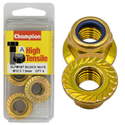 Champion Pack of 4 M12 x 1.50mm High Tensile Grade 8.8, Zinc Plated Self Locking Flange Hex Nuts with Nylon Insert - SLFM167