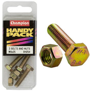 Champion Pack of 3 M6 x 25 x 1.0mm High Tensile, Grade 8.8 Hex Set Screws and Nuts - BH254