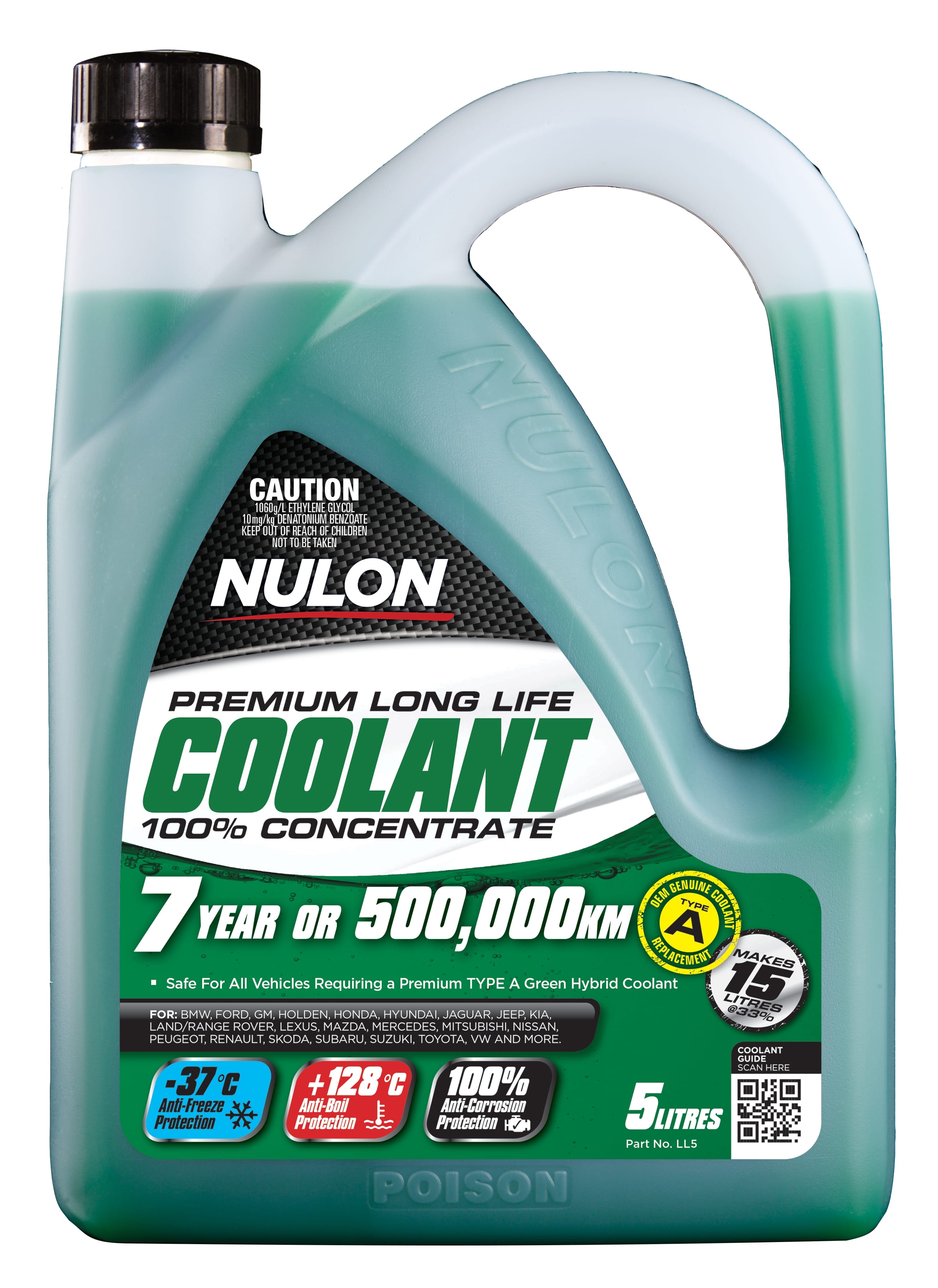 Nulon LL5 Green Premium Long Life Coolant 100% Concentrate 5L (Pickup Only)