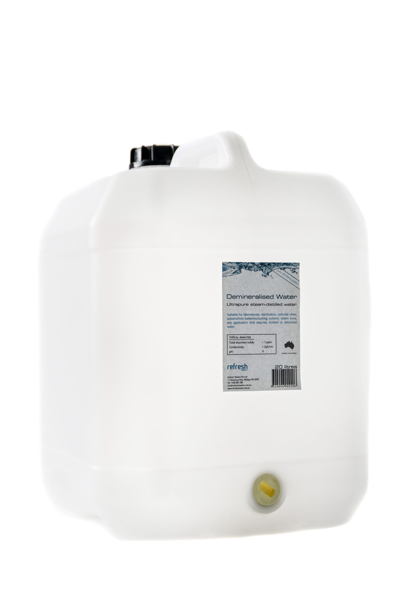 Refresh Demineralised Water 20L Ultra Pure Steam Distilled Water - S2192 (Bulky Item - Freight Applies)